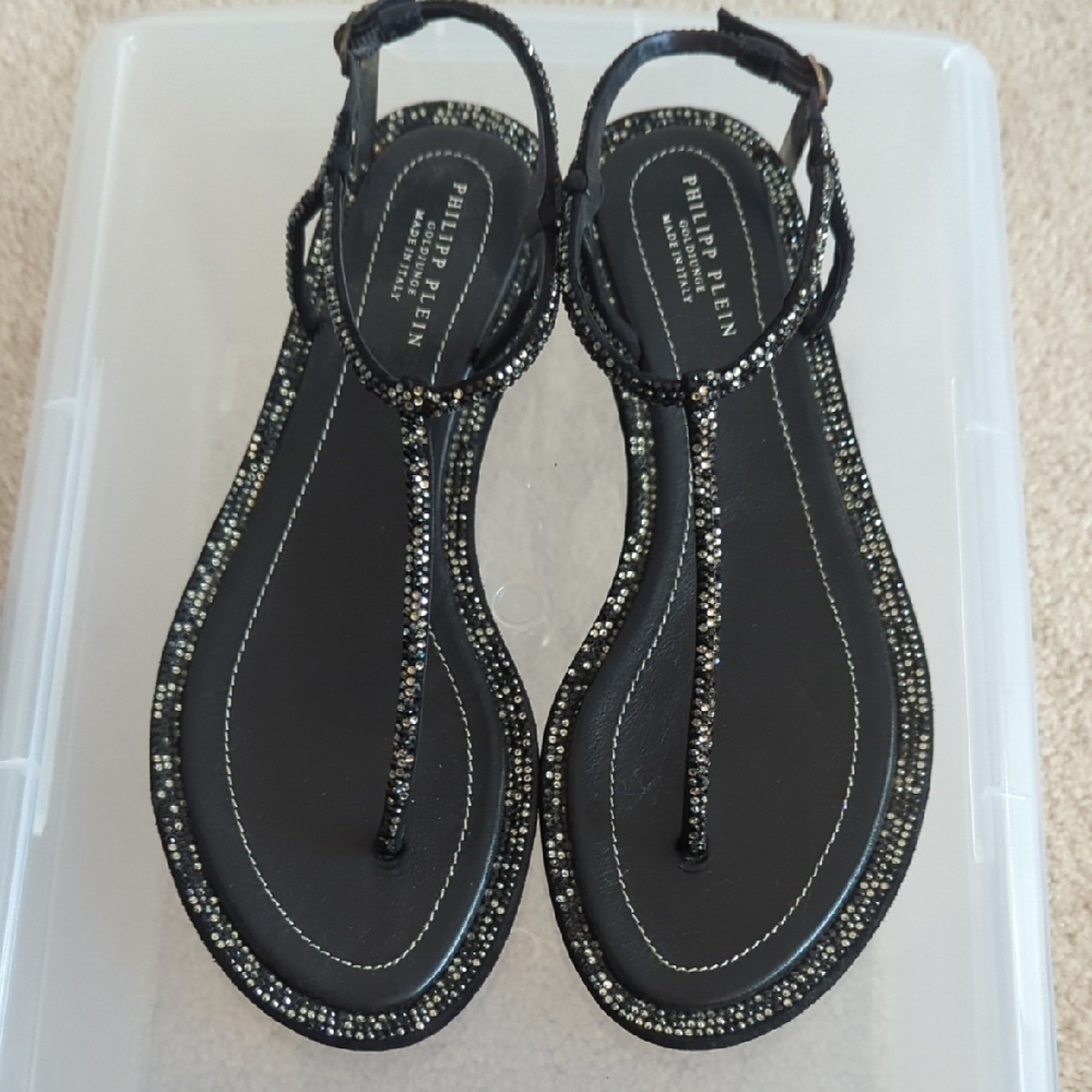 Philipp Plein Black Crystal T-Strap Sandals